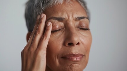 Fototapeta premium A woman with closed eyes pressing her temples with her fingertips possibly indicating stress or deep thought.