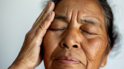Fototapeta premium An elderly person with closed eyes resting their hand on their forehead conveying a sense of contemplation or tired ness.