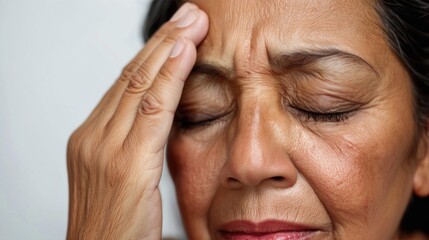 An elderly woman with closed eyes pressing her hand against her forehead possibly in a state of distress or deep thought.