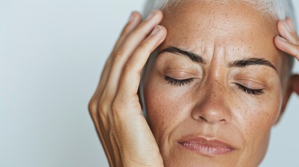 Fototapeta premium A woman with closed eyes pressing her hands against her temples showing a sense of stress or discomfort.