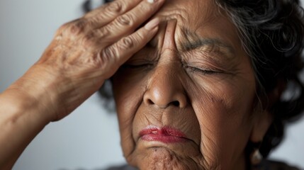 Fototapeta premium An elderly woman with closed eyes her hand resting on her forehead conveying a sense of distress or deep thought.