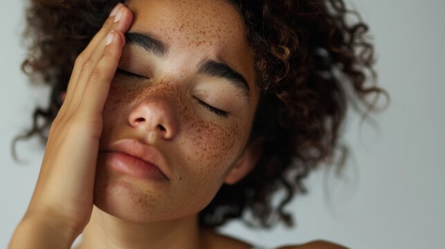 A young woman with curly hair freckles and closed eyes resting her hand on her forehead in a contemplative or tired pose.