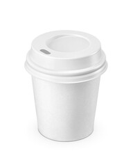 Small paper cup with plastic lid for espresso coffee isolated. Takeaway drinks to go concept. Transparent PNG image.
