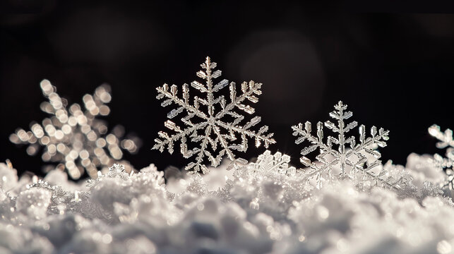 Snow in winter close-up. Macro image of snowflakes, winter holiday background. Frosty pattern. christmas snowy winter snowflakes falling background cinematic. Decorative winter border with snowflakes.