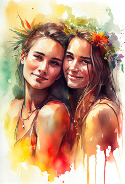 Watercolor happy lgbt girls. Ai render