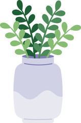 Purple minimalist vase with decorative leaf. Vector Flower with Cream Vase. Spring art with botanical element. Flat floral minimalist