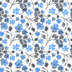 Seamless retro floral pattern. Blue flowers with gray leaves on a white background.