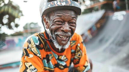 Old man with a big smile wearing a colorful shirt and a helmet at a skate park.