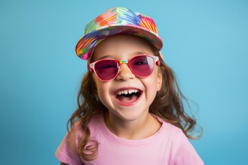 Charming little girl with a radiant smile in sunglasses and a summer cap on a blue background