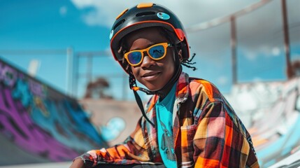 Young skateboarder in vibrant plaid jacket orange helmet and sunglasses smiling at camera posing on skate ramp with colorful graffiti in background.
