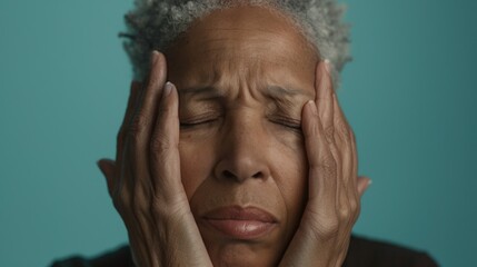 Fototapeta premium A woman with gray hair closed eyes and a furrowed brow pressing her hands against her temples conveying a sense of distress or deep thought.