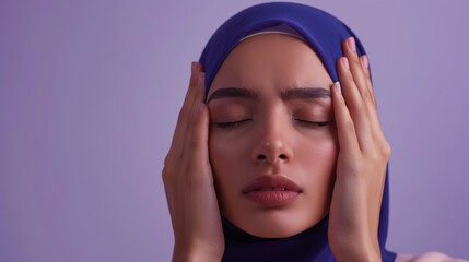 A woman with a blue hijab her eyes closed hands on her cheeks against a purple background conveying a sense of contemplation or concern.