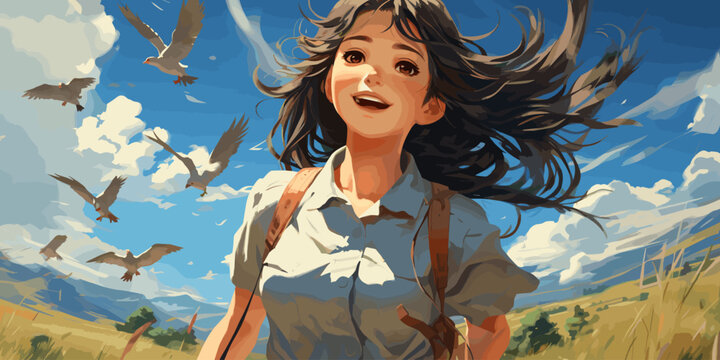 a Japanese school girl running happily home in the countryside and noticing a karasu is perching on the power wire vector