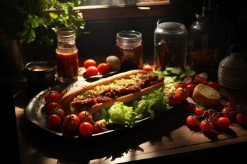 Hot dog with ketchup mustard and lettuce on the wooden table., generative IA - obrazy, fototapety, plakaty