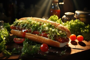 Hot dog with ketchup mustard and lettuce on the wooden table., generative IA - obrazy, fototapety, plakaty