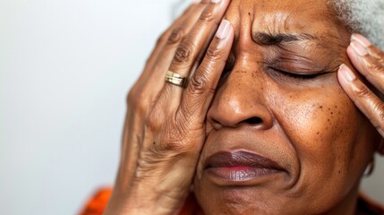 Fototapeta premium An elderly woman with closed eyes pressing her hands against her temples showing distress or discomfort.