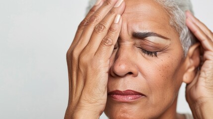 A woman with closed eyes pressing her temples with her fingertips conveying a sense of stress or discomfort.