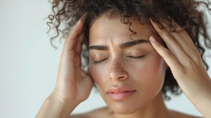 Obraz premium A woman with closed eyes pressing her hands against her temples possibly indicating stress or headache with a soft focus on her face and curly hair.