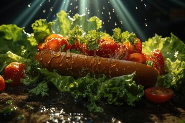 Hot dog with ketchup mustard and lettuce on the wood surface., generative IA - obrazy, fototapety, plakaty