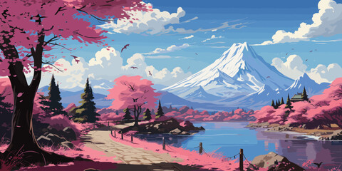 a lakeside walkway with beautiful mountain scenery in the background in anime style vector - obrazy, fototapety, plakaty