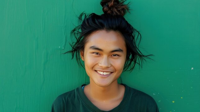 Smiling young person with dark hair styled in a messy bun wearing a green shirt standing against a vibrant green wall.