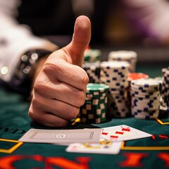 Poker player in the casino shows a thumbs up. Luck in the game - obrazy, fototapety, plakaty