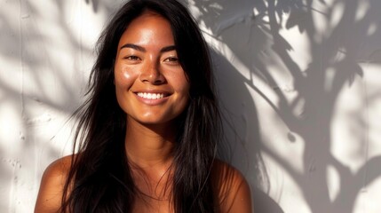 A smiling woman with long dark hair standing against a white wall with a soft shadow cast by leaves exuding a warm and inviting aura.