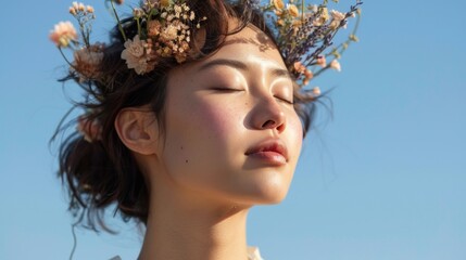 A serene woman with closed eyes adorned with a floral crown basking in the sunlight against a clear blue sky. - 745804723