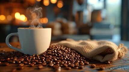 Tasty coffee in a cup on a table with coffee beans scattered around it - obrazy, fototapety, plakaty