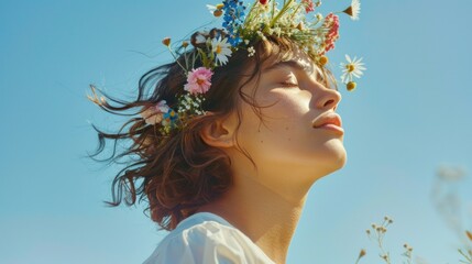 A woman with a floral crown on her head her eyes closed and her face tilted upwards towards the sky suggesting a moment of tranquility or prayer.