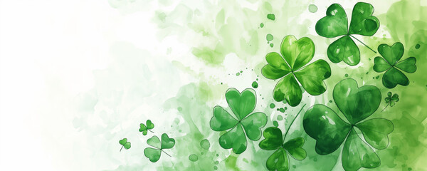 Green watercolor four leaf clovers or shamrocks border with copy space Saint Patrick’s day background. Festive happy holidays St. Paddy's greeting card, invitation, promotion or banner backdrop. 8k. - obrazy, fototapety, plakaty