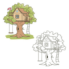 a tree house vector illustrations. Simple Design Outline Style. You can give color you like. drawing with line-art on white backgrounds