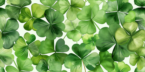 Saint Patrick’s day background. Green watercolor four leaf clovers or shamrocks pattern. Festive happy holidays St. Paddy's greeting card, invitation, promotion or banner. Luck of the Irish wallpaper.