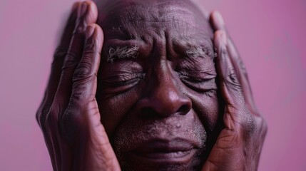 A close-up of an elderly man with closed eyes resting his head on his hands conveying a sense of deep contemplation or exhaustion.