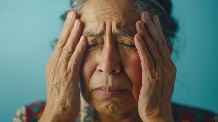 An elderly woman with closed eyes and hands pressed against her temples conveying a sense of distress or pain.