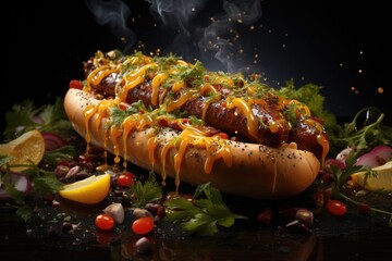 Super delicious hot dog with mustard and dark background vegetables, generative IA