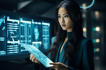 Asian girl using hands to manipulate gui interface for communication network programming