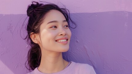 A young woman with a radiant smile her hair neatly pulled back stands against a vibrant purple wall exuding a sense of joy and positivity.