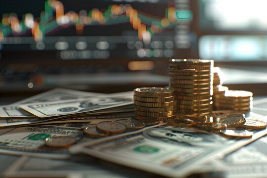 A 3D rendered image of a pile of coins and dollar bills with stock market charts in the background representing financial success and strategic investment
