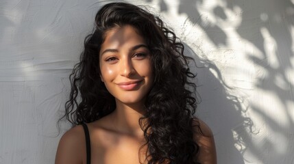 A woman with long curly hair smiling at the camera standing against a white wall with shadows from leaves.