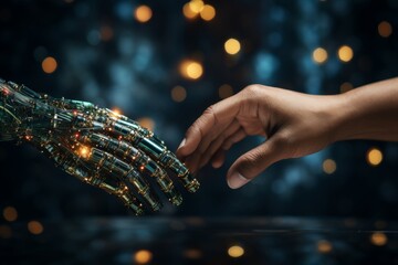 Connection of machine learning ai robot and human hands in data network on blue background - obrazy, fototapety, plakaty
