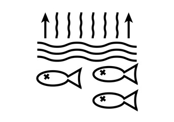 Icono negro de calentamiento de océanos con peces muertos.  - obrazy, fototapety, plakaty