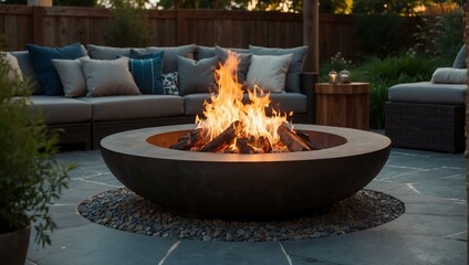 a tastefully designed outdoor seating area with a large fire pit, ideal for a cozy evening gathering, fire pit on the luxury patio