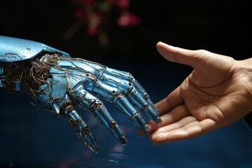 Ai robot and human touch, data network and artificial intelligence on blue background