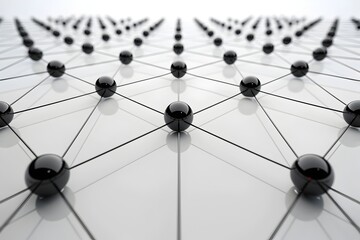 Stylized image of a network made up of black spheres with nodes connecting them in the style of depth of field and futuristic elements with a minimalistic black and white graphic aesthetic