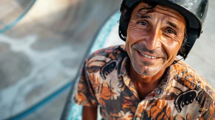 Foto op Canvas A joyful man with a helmet wearing a vibrant patterned shirt smiling at the camera standing in front of a skateboard ramp. © iuricazac