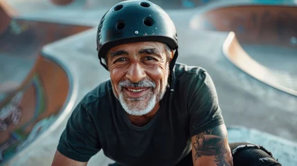 Rollo A bearded man with a tattooed arm wearing a black helmet smiling at the camera while sitting on a skateboard ramp. © iuricazac
