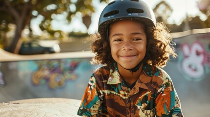 Young skateboarder with curly hair wearing a helmet smiling at the camera in a skate park with...