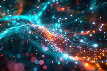 Obraz premium abstract image of a network of lights in dark turquoise and light red style featuring colorful abstract of glowing dots, intertwined networks on dark background flow of dots, lines in dark blue style