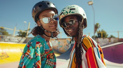 Two young skateboarders posing ata skate park wearing colorful shirts and helmets with graffiti-covered ramps and a clear blue sky in the background.